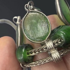 Vintage BOHO Bib Necklace GREEN GLASS Southwest Artisan Drop Dangle India Silver