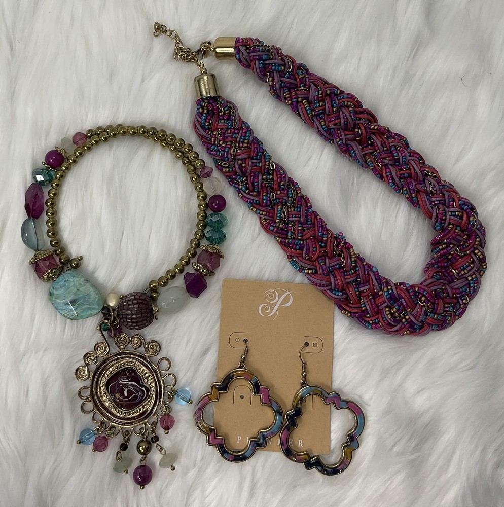 Vintage Statement Jewelry Set Gold Tone Purple Teal Beaded Necklace Earrings