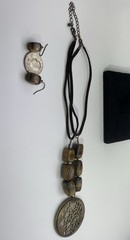 Avon Boho Tiger Eye Bead Suede Cord Brass Pendant Necklace Earring Set