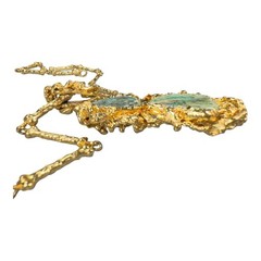 Vintage Brutalist Gold-Tone Necklace Organic Twig Chain w/ Green Stone Pendant