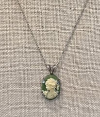 Vintage Sterling Silver Green Resin Cameo Girl With Flowers Petite