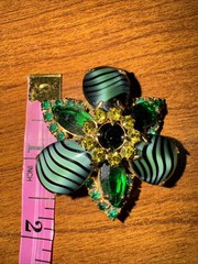 Green Black Stripes Art Glass Brooch PIN Dark Green Rhinestones On Gold Tone