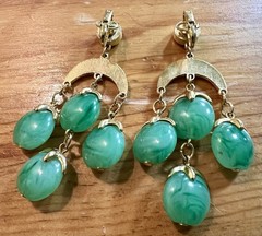 Vintage Crown Trifari Waterfall Faux Jade Lucite Gold Tone Dangle Clip Earrings