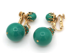 Vintage Vendome Signed Green Ball & Rhinestones Dangle Drop Clip On Earrings