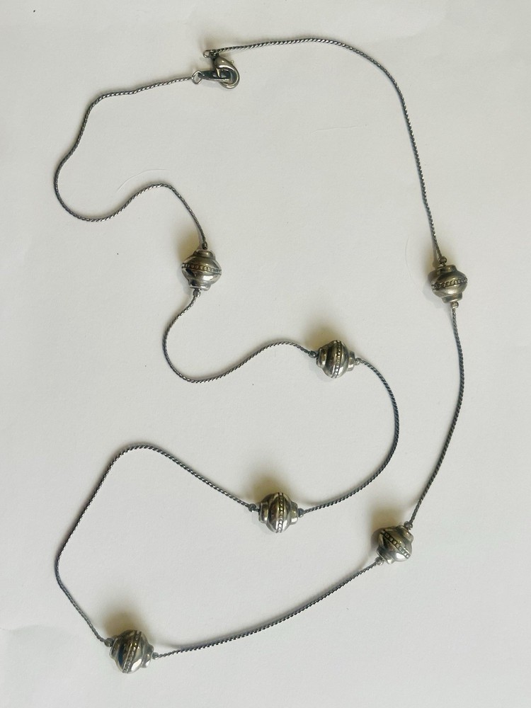 Silver Station Necklace Textured Silver Beads 30” Long Vtg Sustainable Fashion