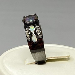Mystic Topaz Band Ring Black Metal Wide Rainbow Purple Green Stone Fire Opal 7