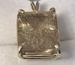 Gold Rutilated Quartz Penant Faceted Emerald Cut Four Prong Setting