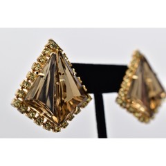 Vintage Crystal Clip On Earrings Pyramid Brown Gold Chunky Signed 1960s BinBF