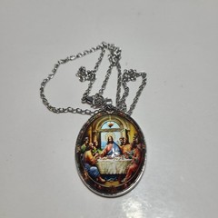 1 Piece Vintage Style Last Supper Oval Glass Pendant Necklace White Gold Plated
