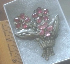 Vtg KC Brooch Silver, Pink & Rhinestone