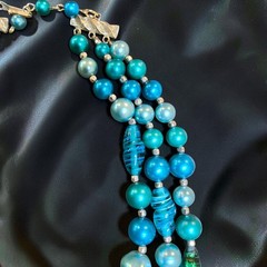 Vintage 3 Strand MCM Art Glass Lucite Bead Necklace Aqua Teal Blue 1950s-1960s