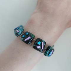 Handcrafted Dichroic Fused Glass Bracelet | Square Links | Blue-Green