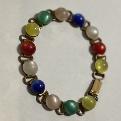 Vtg Multicolor Glass Cabochon Brass Bracelet Fold over Clasp 7.25”