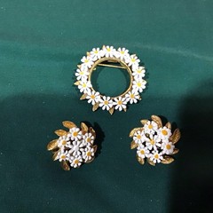 Gorgeous~Vintage Daisy Brooch Pin And Clip On Earrings Set Gold Tone And Resin