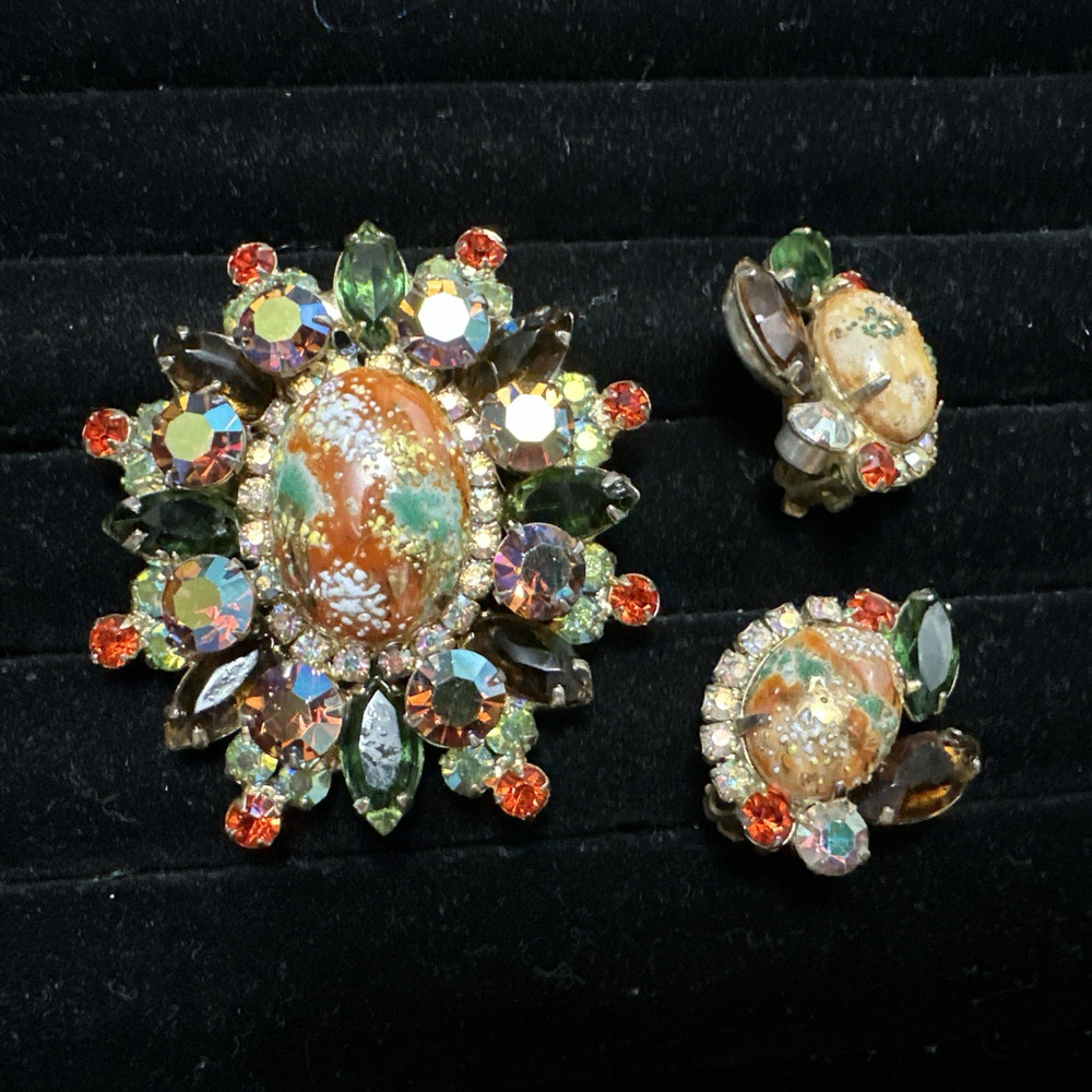 DeLizza & Elster Juliana Easter Egg Cabochons Brooch & Earrings Set Multi Stones