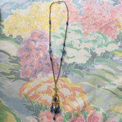 Vintage Dark Blue Glass Necklace Gold Tone Filigree Art Nouveau Look