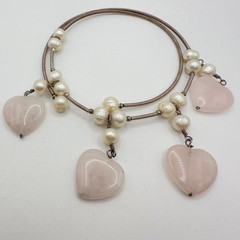Vintage Pearl & Rose Quartz Choker Y2K Necklace Silver Tone Memory Wire Dangle