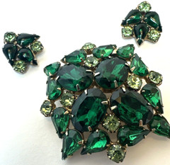 Designer Set Brooch Pin Earrings Green Rhinestone Unsigned Antique MCM