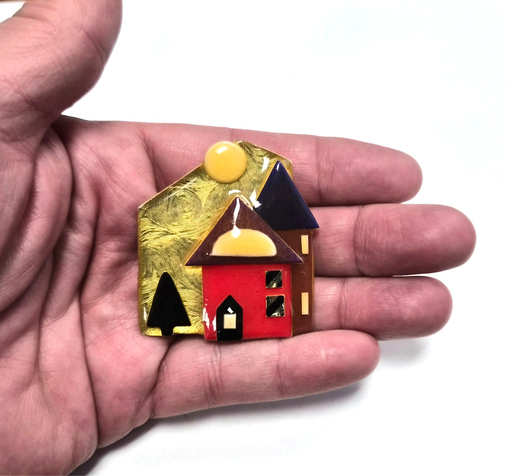 Vintage 90’s House Pins by Lucinda Red Home With Moon in Sky Pin / Brooch