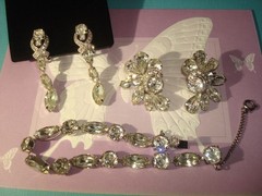 Vtg. EISENBERG BRACELET&TWO PAIRS EARRINGS CLEAR RHINESTONES ALL SIGNED,LOT/SET