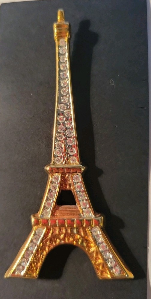 Rhinestone Eiffel Tower Pin with Goldtone Metal Settings about 3.5 inches long