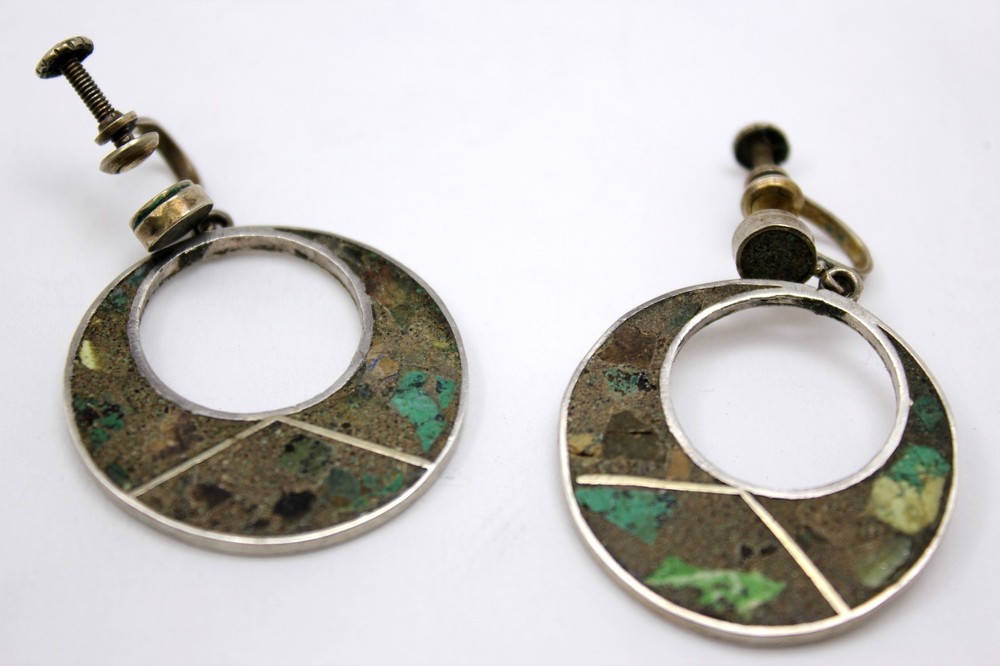 Vintage Mexican Stone Inlaid Sterling Silver Large Handmade Camo Colored Circle