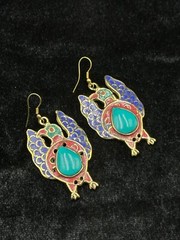 Vintage Tibetan Nepalese Unique Brass Bird Earring With Coral & Turquoise Stone