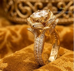 3CT Round Lab Created Diamond Vintage 3D Floral Wedding Ring 14K Yellow Gold FN