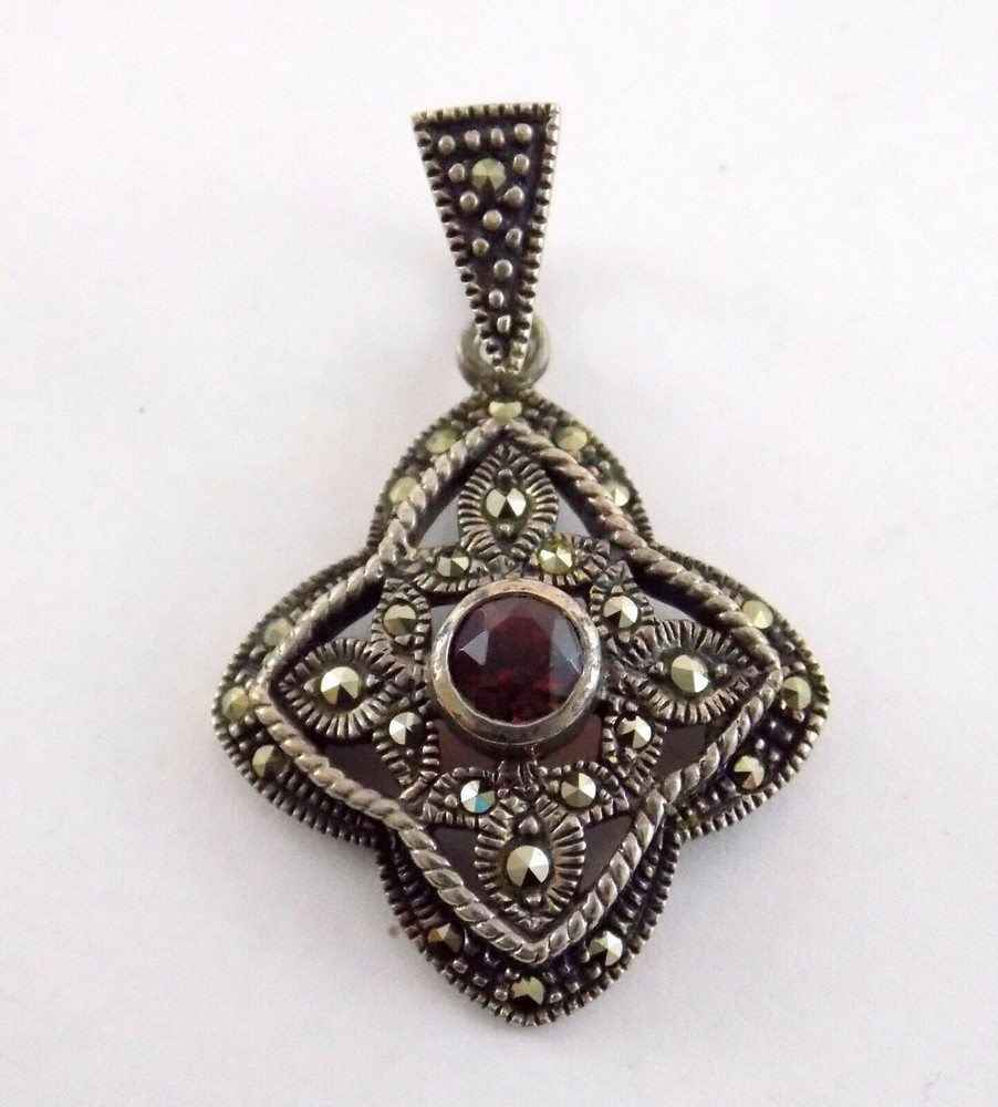 Sterling Silver Garnet Marcasite Four Sided Pendant 925 5.1g 1.25 Inches Long