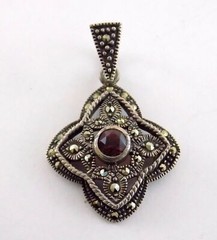 Sterling Silver Garnet Marcasite Four Sided Pendant 925 5.1g 1.25 Inches Long