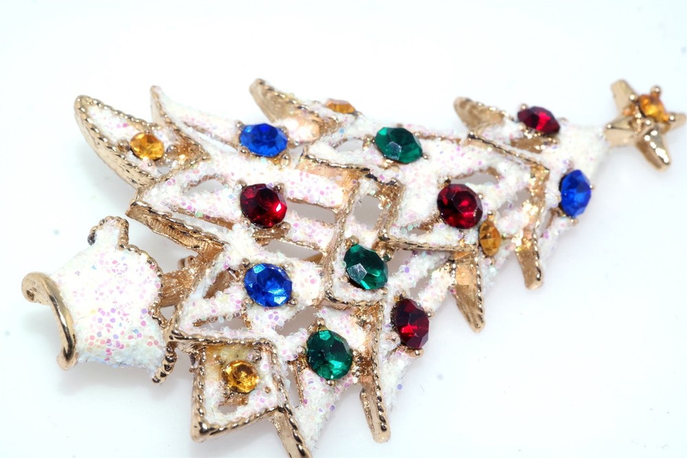 Eisenberg Ice Glittering Multicolor Rhinestone Gold Tone Christmas Tree Brooch