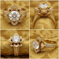 3CT Round Lab Created Diamond Vintage 3D Floral Wedding Ring 14K Yellow Gold FN