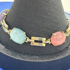Vintage Pastel Cabochon Link Bracelet Pink Blue Purple Silver Tone 7.5”