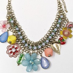 Multicolor Statement Necklace Layered Boho Bib Charm Flowers Eclectic Colorful