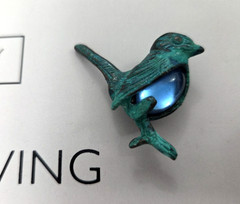 Wonderful Green Bird Brooch/Pin with Blue Glass Stone Set in Oxydated Metal