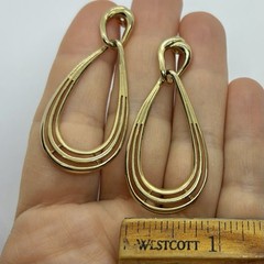 Vtg Goldtone Teardrop Triple Hoop Statement Dangle Earrings Post