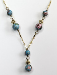 Vintage Gold Tone Blue Cloisonne Beaded Pendant Y-Drop Necklace & Earrings Set