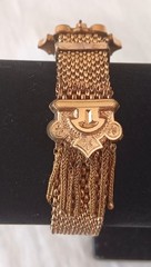 Victorian Gold Fill Mesh Slide Bracelet Seed Pearls Tassels Antique 1880s