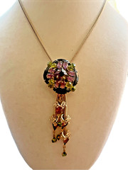 Vintage Shades of Purple & Olive Green Rhinestone waterfall Pendant Necklace 16″