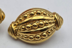 Vintage Napier Gold Tone Etruscan Granulated Olive Barrel Stud Earrings 30mm