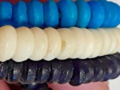 Vintage, Blue, off-white, black, handcrafted chunky beaded necklace.
