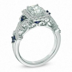 Vera Wang Emerald Cut Lab Created Diamond & Sapphire Engagement 925 Silver Ring