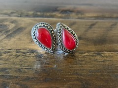 Marcasite Sterlling Silver Chunky Double Stone Garnet Ring Size 8