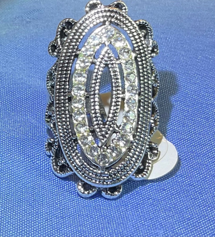 Art Deco 18k WHITE GOLD PLATED Ring Size 7, Pave Crystals, Unique & Beautiful