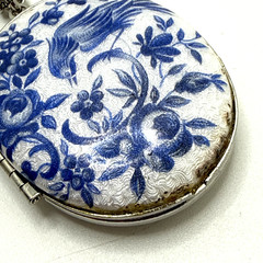 Vintage Guilloche Locket Blue White Enamel Bird of Paradise Floral 24″