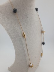 Gold Tone vintage stations chain faux pearls black & gold beads design necklace