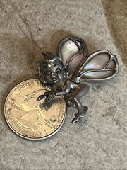 47. Vintage 925 Sterling PIXIE Fairy Elf Abalone Wings Pin 1 3/8″x 1 1/4″, 10.3g