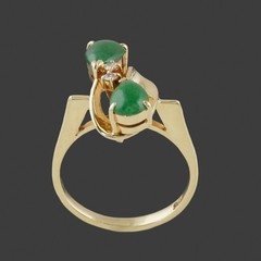 Retro Modernist Solid 14K Yellow Gold, Green Jade Cabochon & Diamond Estate Ring