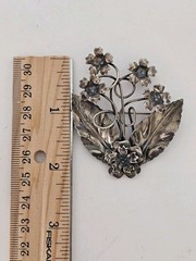 925 Sterling Silver Floral Brooch 2″ Antique Art Deco Roses Pin 9.6 Grams