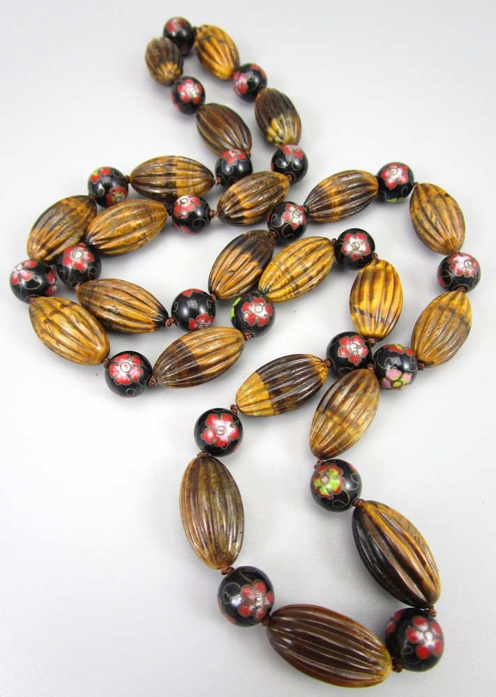 BEAUTIFUL 29″ CARVED TIGER’S EYE CLOISSONE KNOTTED BEAD NECKLACE